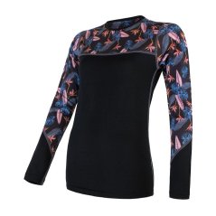 Sensor Merino Impress dámské tričko dlouhý rukáv černá/floral