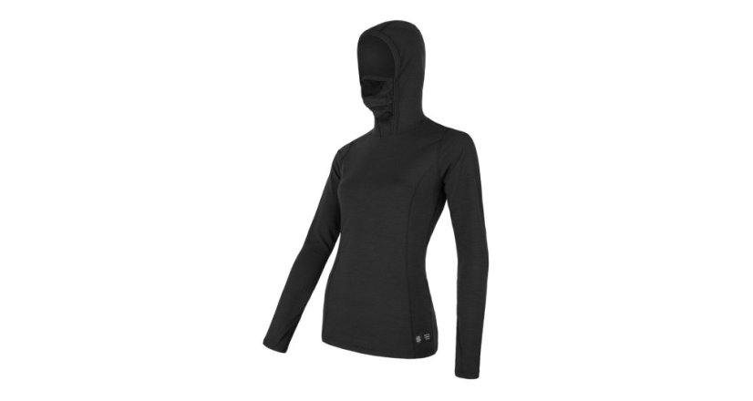 Sensor Merino Double Face dámské tričko s dlouhým rukávem a kapucí, Černá