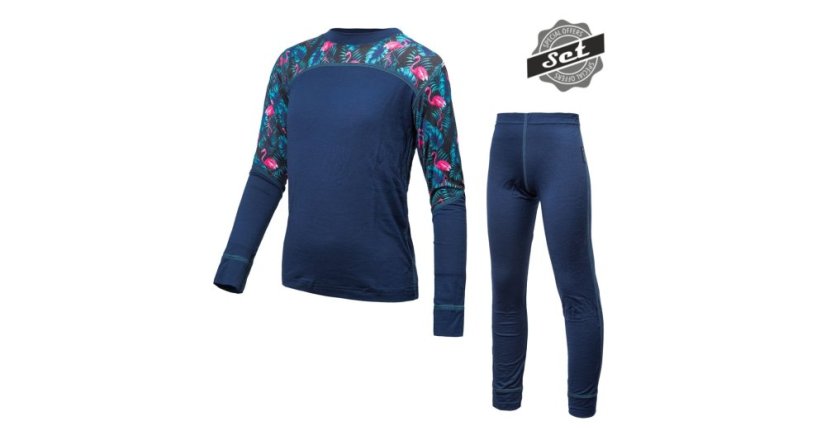 Sensor Merino Impress dětský set – tričko a spodky, Deep blue/floral