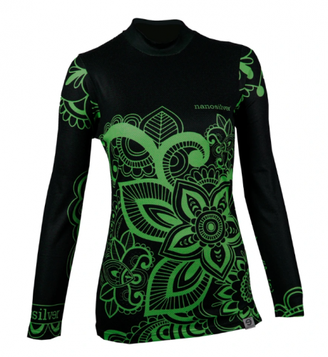 Nanosilver Termo dámské tričko s motivem Flower černá/zelená s palečníky